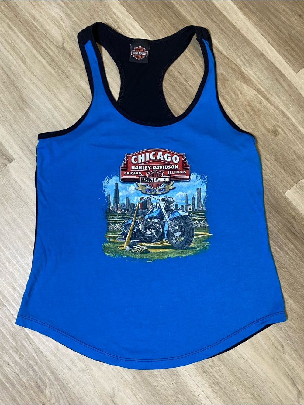 Harley-Davidson Womens Tank Top Large Blue Reversible Racerback Chicago Baseball